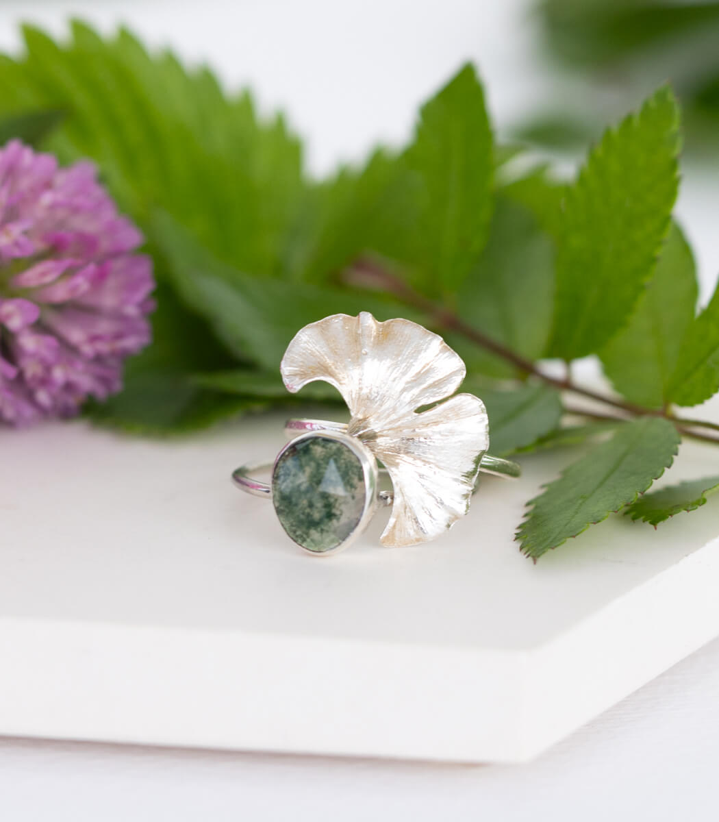 Moosachat Ring Silber Gr. 56, Draufsicht, handgefertigter Schmuck – goodrun