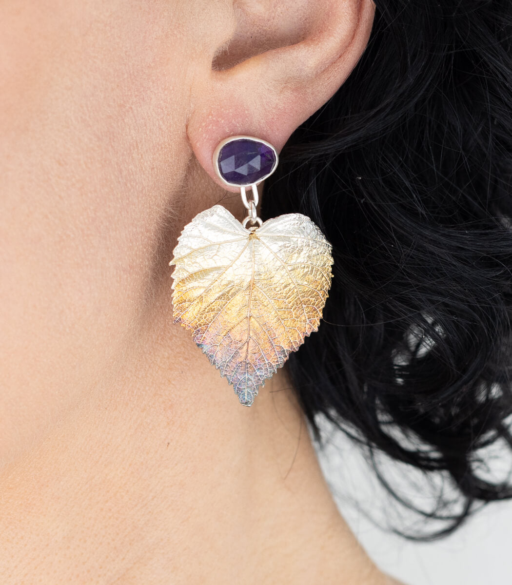 Lindenblatt Ohrhänger Amethyst Silber