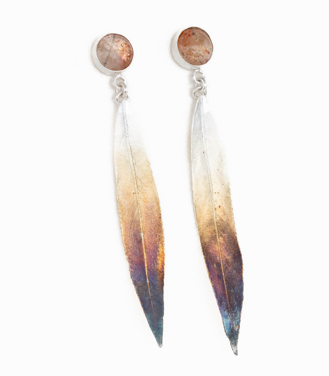 Silber Ohrhänger Weidenblatt Sonnenstein – Rückseite mit Öse, Naturschmuck Unikat goodrun