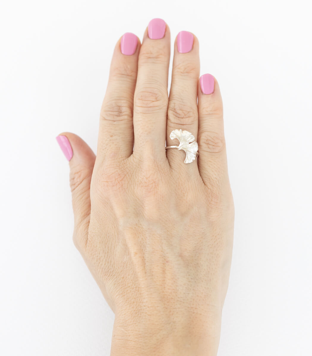 Silber Ring Ginkgoblatt Gr. 55 – Draufsicht Ringkopf, Naturschmuck Unikat goodrun