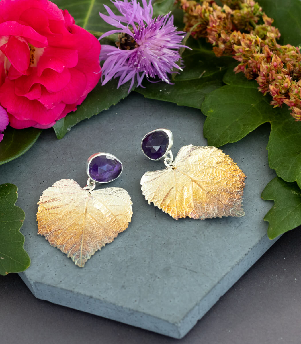 Lindenblatt Ohrhänger Amethyst Silber