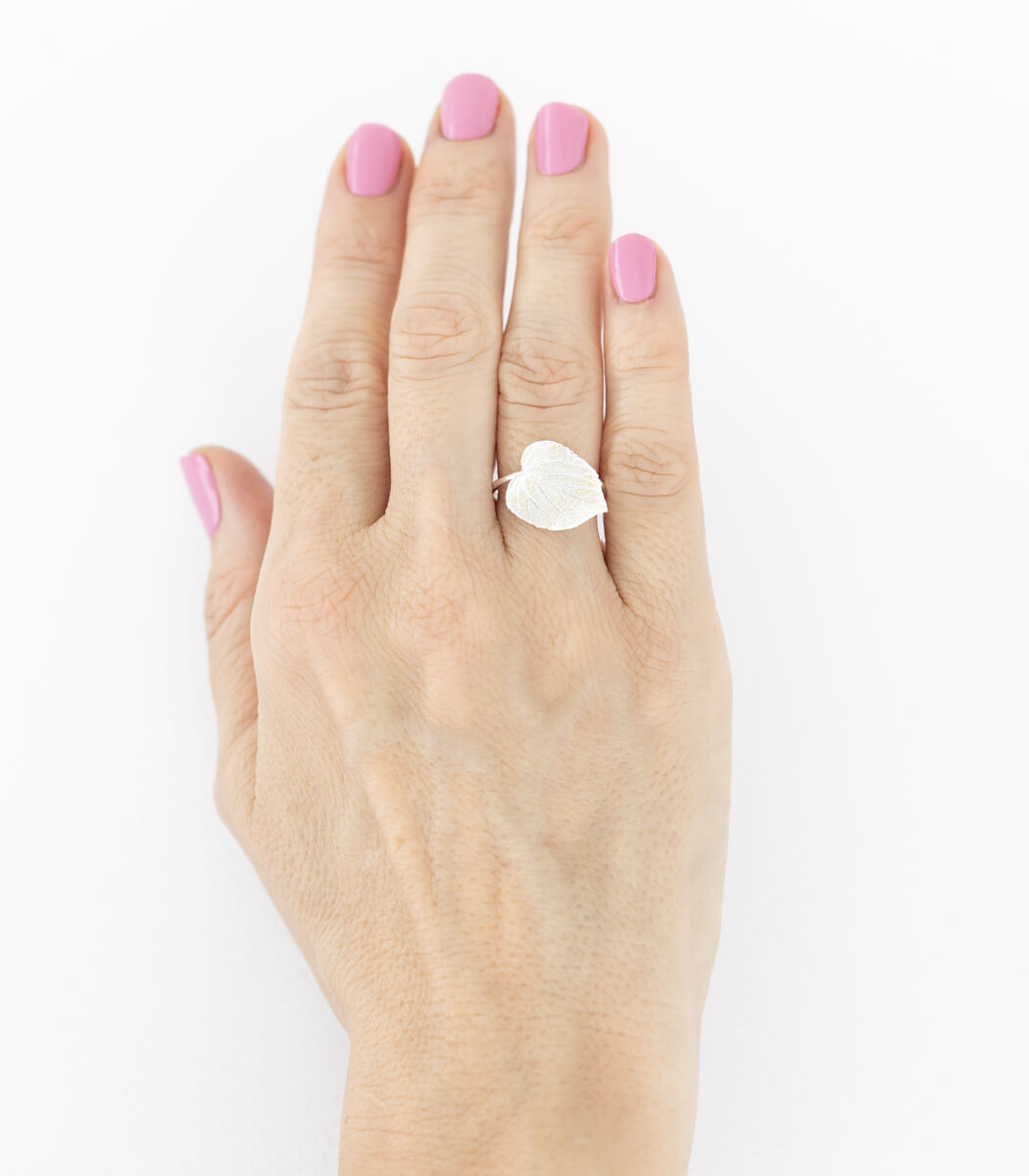 Silber Ring Lindenblatt Gr. 56 – Draufsicht Ringkopf, Naturschmuck Unikat goodrun