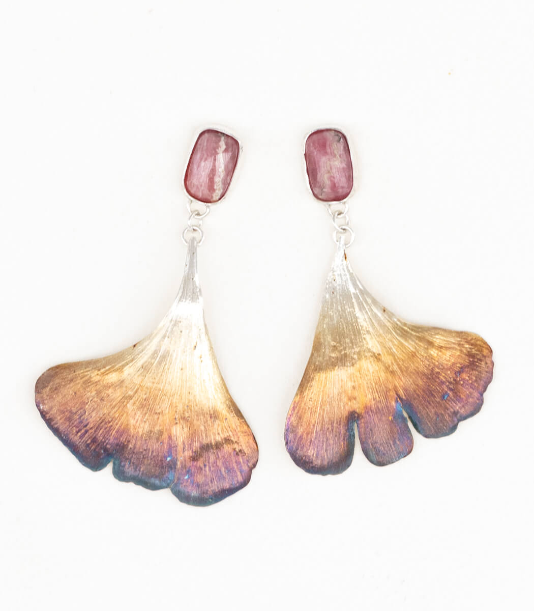 Silber Ohrhänger Ginkgo Rhodochrosit – handgefertigter Naturschmuck mit echtem Ginkgoblatt und Rhodochrosit goodrun