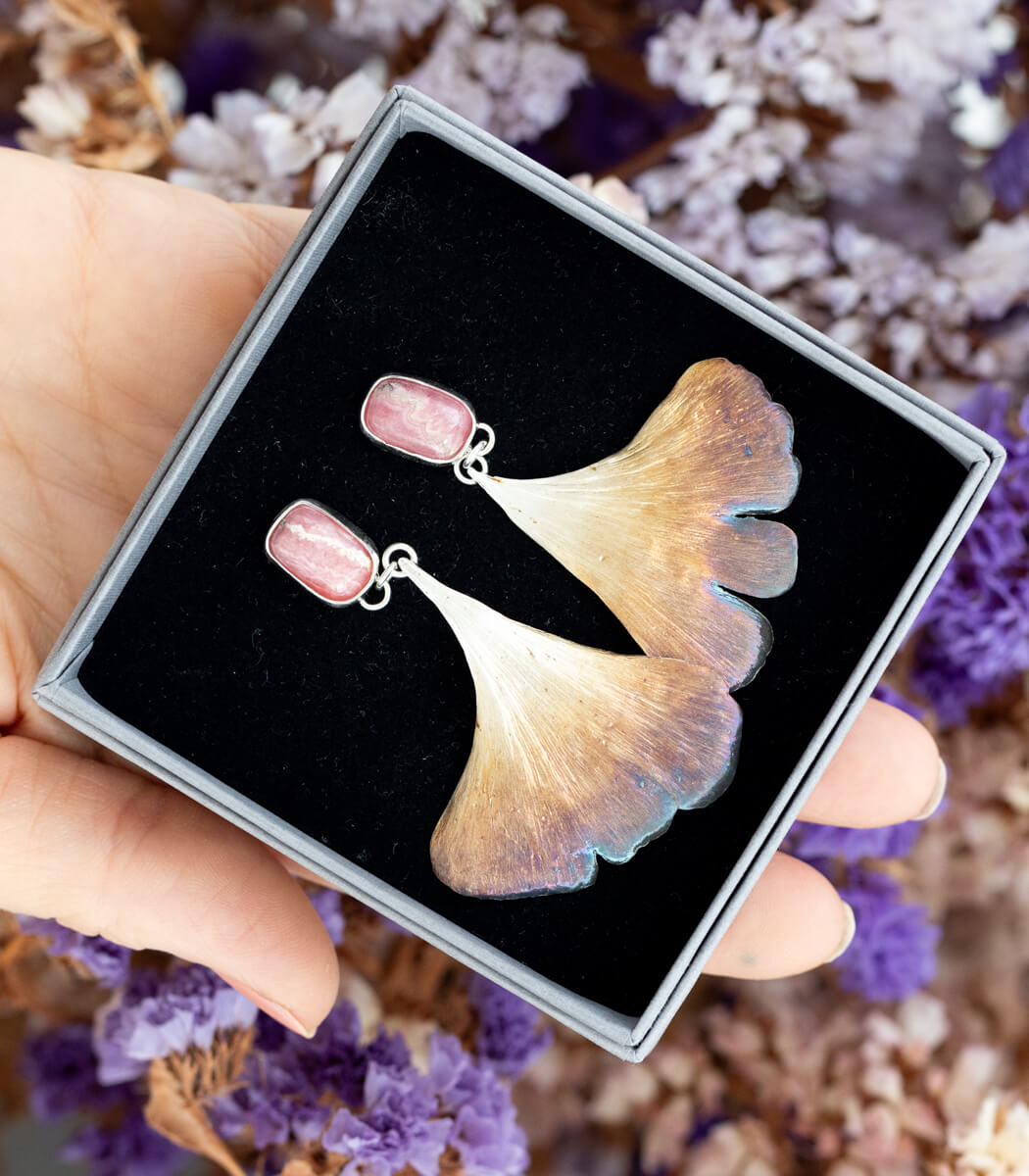 Silber Ohrhänger Ginkgo Rhodochrosit – fairer Schmuck, Naturschmuck Unikat von goodrun